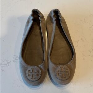 Tory Burch Taupe Suede Logo Ballet Flats
